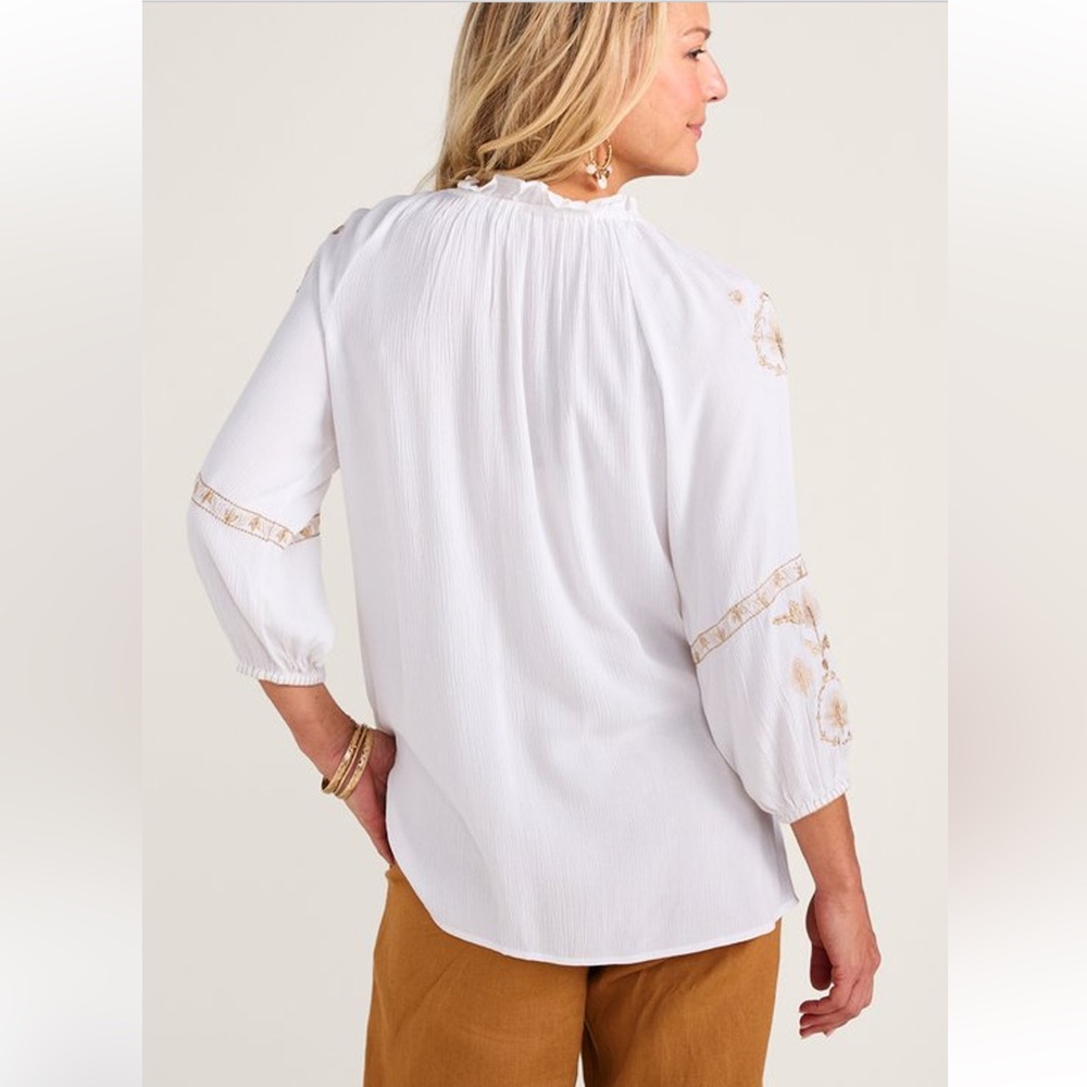 Soft Surroundings Embroidered Peasant Blouse White Gold | petite large - Picture 2 of 14